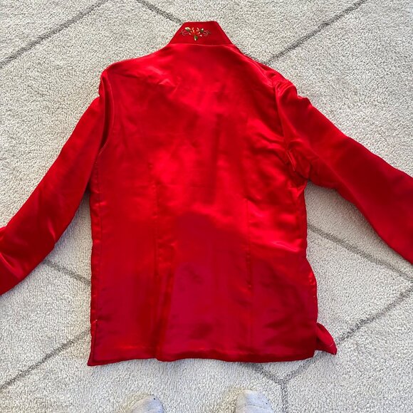 Vintage Red Satin Floral Bird Design Embroidered Chinese New Year Jacker Mandari - Picture 10 of 10